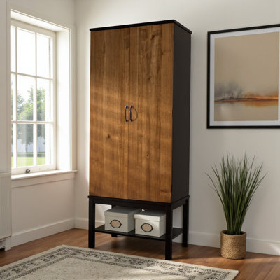 Arcane Dark Brown and Walnut Solid Rubberwood Mdf Veneered Wine Cabinet, 68.45'' H X 16.66'' D X 27.82'' L