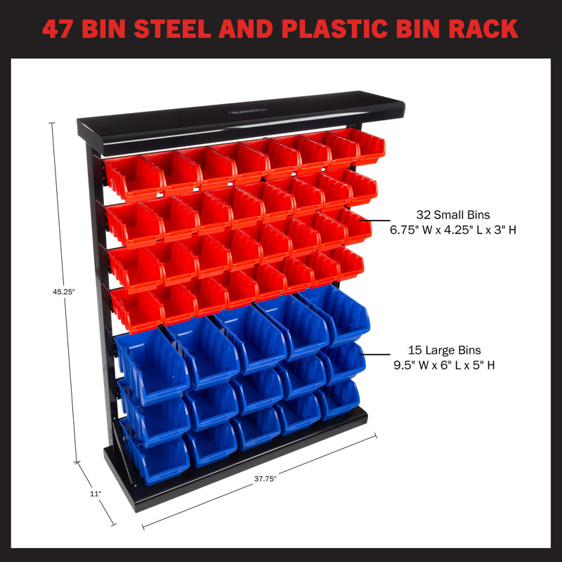 47 Bin Tool Organizer Wall Mountable Container with Removable Drawers for Garage Organization and Storage by Stalwart (Red/Blue)