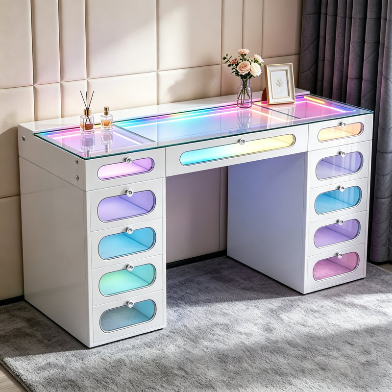 Dessus de meuble-lavabo avec plateau en verre et bandes DEL intégrées à 8 tiroirs avec poignées losanges USB et Type-C, Gris