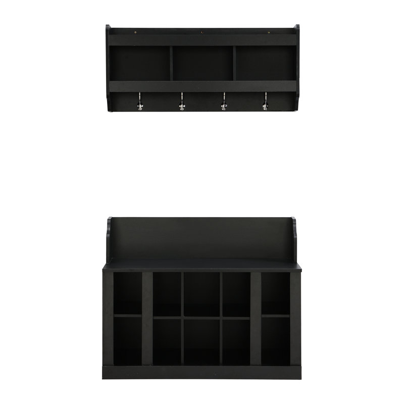 Fashionable Entryway Organizer With Hall Tree And Shoe Bench, Black, 6.6Lbs Hook Capacity, 176Lbs Bench Support Weight Adjustable