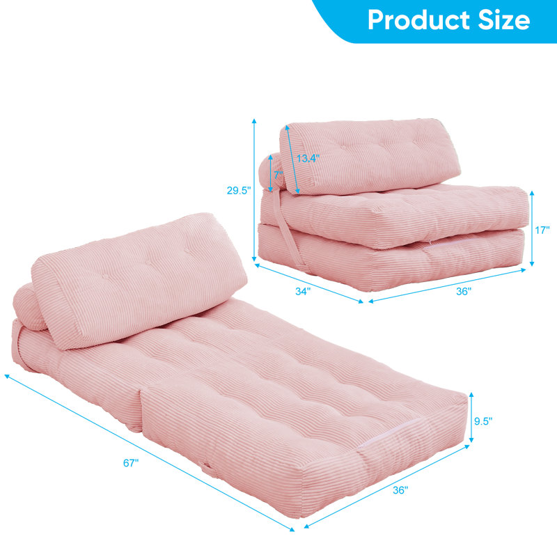 Boneless Folding Sofa Bed Convertible Sleeper Chair with Pillow, Portable Floor Couch for Small Spaces, Pink