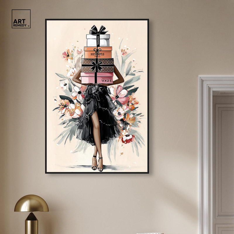 «Her Blossoming Gift Stack», reproduction d'art sur toile par Art Remedy, cadre noir, 30 x 45, H 46 po x l 31 po