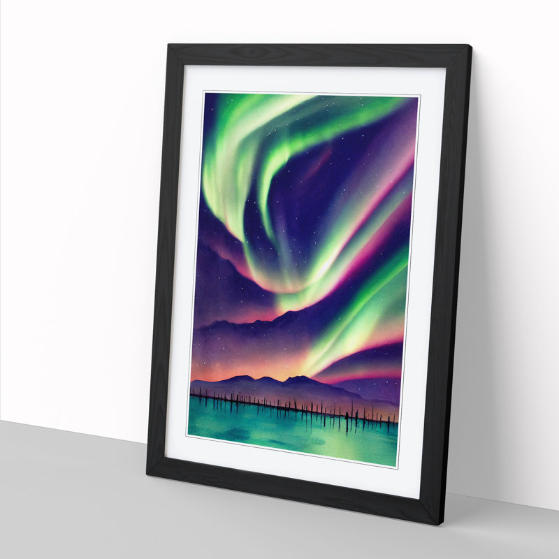 Watercolour Aurora Borealis Vol.4 - Single Picture Frame Print, 64cm H x 46cm W x 2cm D, Walnut