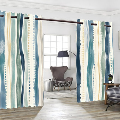 2PCS Grommet Top Boho Abstract Vertical Wavy Stripe Printed Curtain Drapes, Thermal Insulated Blackout Room Darkening Curtains with Privacy Protection, Artistic Indoor Window Panels for Bedroom Living Room Dormitory Home Decor