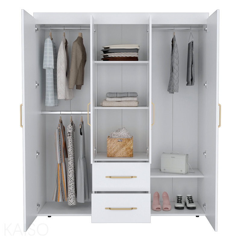 Garde-robe, rangement multi-sections avec tringles de suspension, tablettes et 2 tiroirs, Blanc
