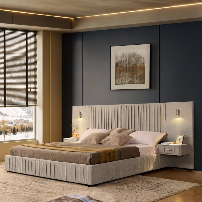 King Size Upholstered Bed Frame with Headboard, Beige, King