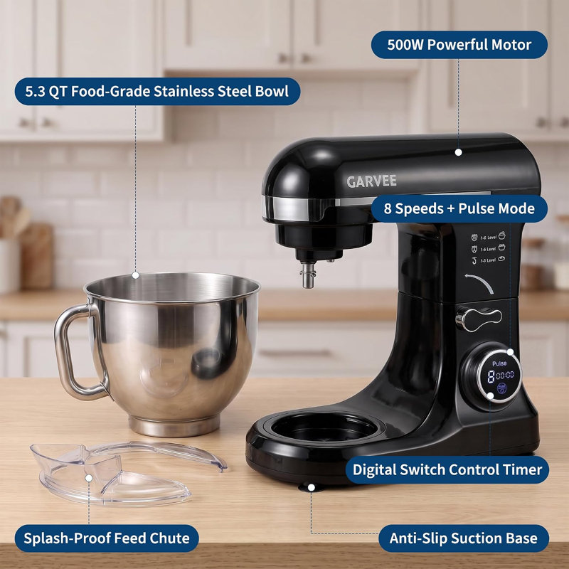 5.3 QT Tilt-Head Stand Mixer, 8-Speed, 500W, Black