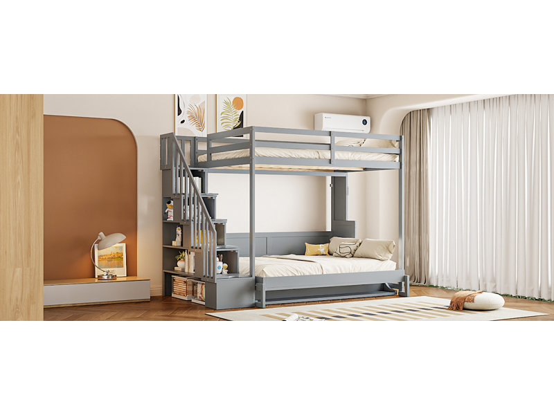 Full Over Full Size Murphy Bed With Hydraulic Lift & Desk Design, Gray