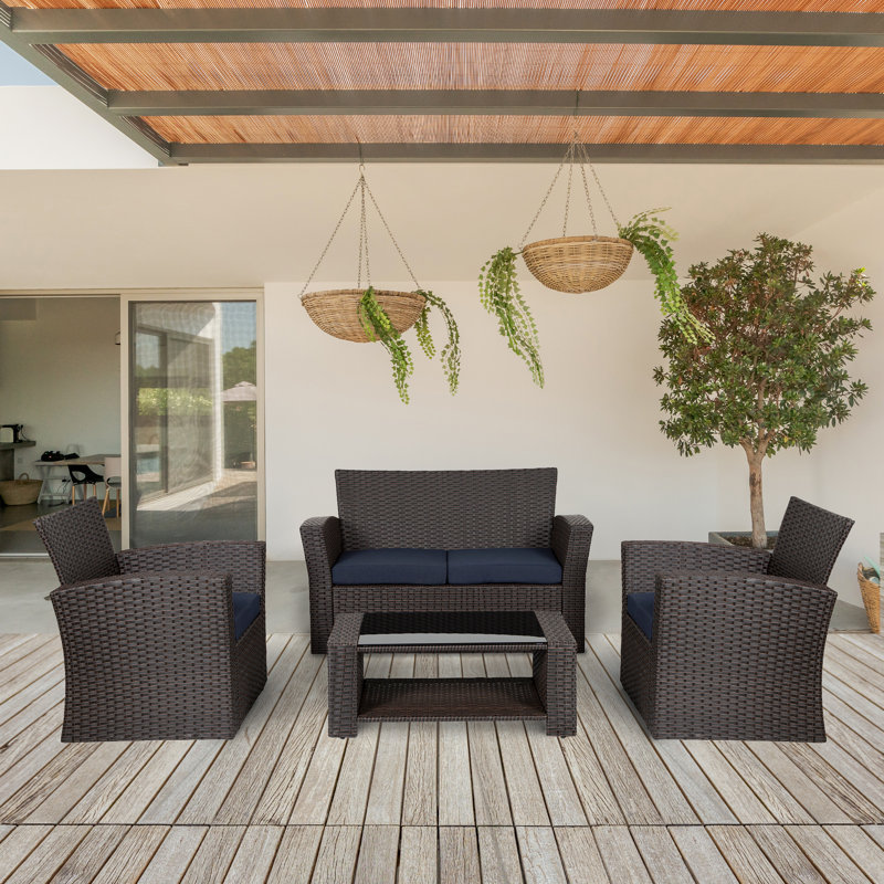 Ensemble de conversation en osier / rotin pour 4 personnes avec coussins Delano, Bleu marine Performance, Chocolat