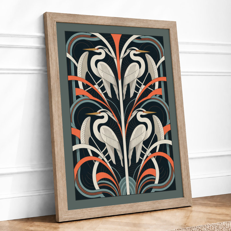 Mirrored Herons in Pattern Art Deco - Framed Print, A4 - 29.7 x 21.0 cm, Oak
