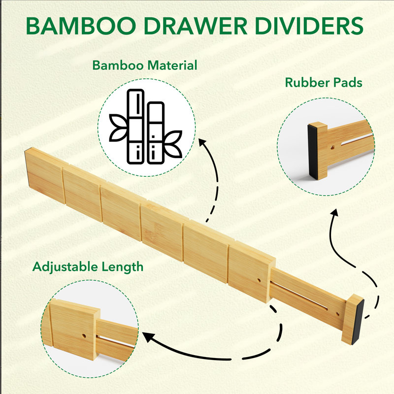 Diviseurs de tiroir en bambou avec insertions et étiquettes, 8 diviseurs avec 18 insertions, organisateurs réglables extensibles pour la cuisine, la maison, le bureau, les commodes et la salle de bain