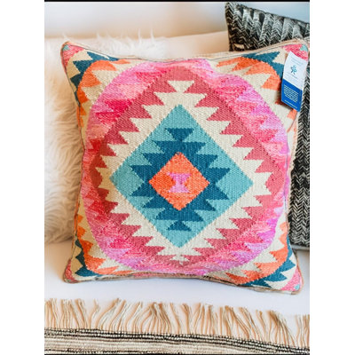 Llica  Kilim Large 50 cm x 50 cm Cushion Cover in Rich Pink Multi Colour Geometric Pattern