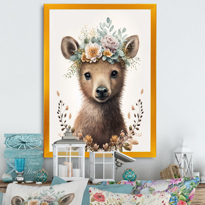 Mignon bébé ours avec couronne florale I - animaux, art mural sur toile
