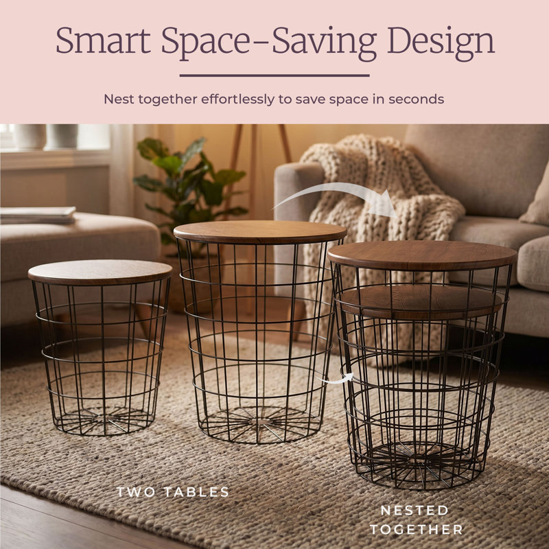 Mcgowen Nesting End Table Set, with Storage - Round Living Room Tables with Metal Frame and Wood Top for Home, Playroom, and Office