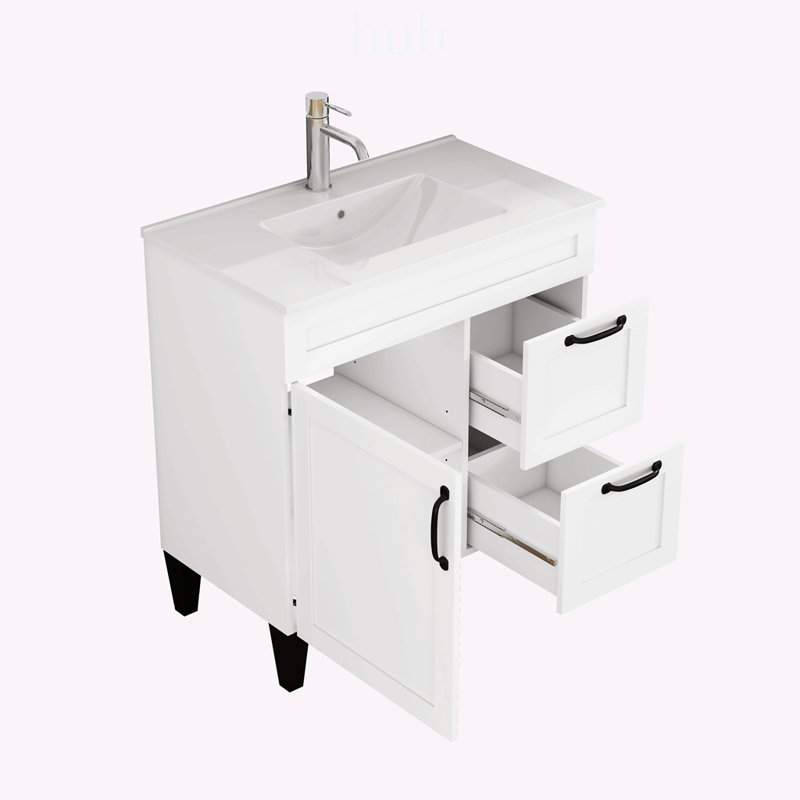 Meuble-lavabo moderne de 80 cm (31,5 pouces) avec lavabo en céramique, charnières à fermeture douce et grand espace de rangement pour un montage facile et une durabilité accrue.