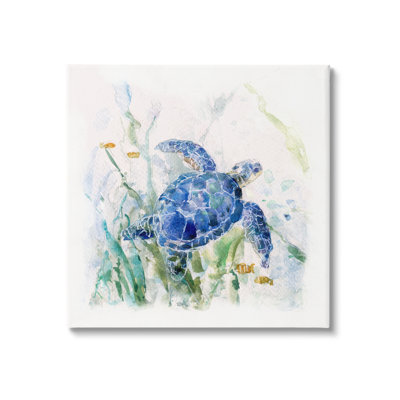 «Pleasant Aquatic Blue Sea Turtle» nageant des plantes de l'océan par Sally Swatland - Peinture