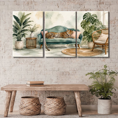 Léopard couché sur un canapé, plante d'intérieur tropicale, impression sur toile 3PC