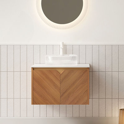 24" Bathroom Vanity&Sink, Floating Plywood Storage Cabinet, Twill Double Doors With Metal Trim, Transparent Round Glass Vessl Basin& Sintered Stone Top