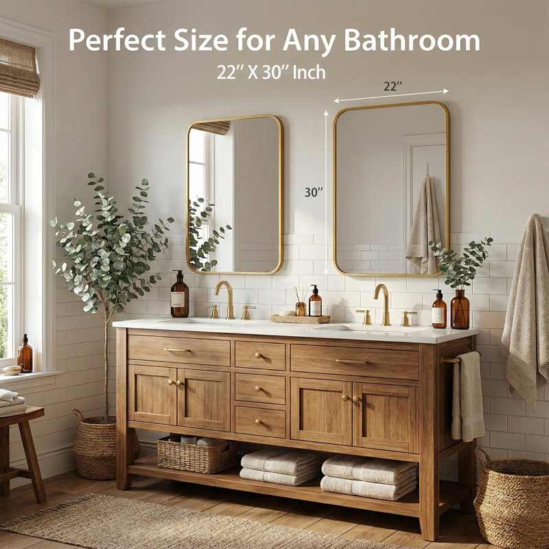 Modern Metal Frame Tempered Glass Wall  Mirrors,  Bathroom Vanity Mirror Set, 30" x 22", Champagne Gold, Rounded Corner