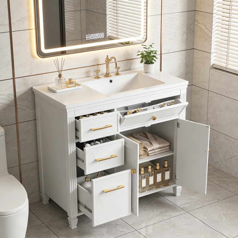 Meuble-lavabo de salle de bain avec lavabo en céramique, un tiroir basculant et une tablette réglable, Blanc