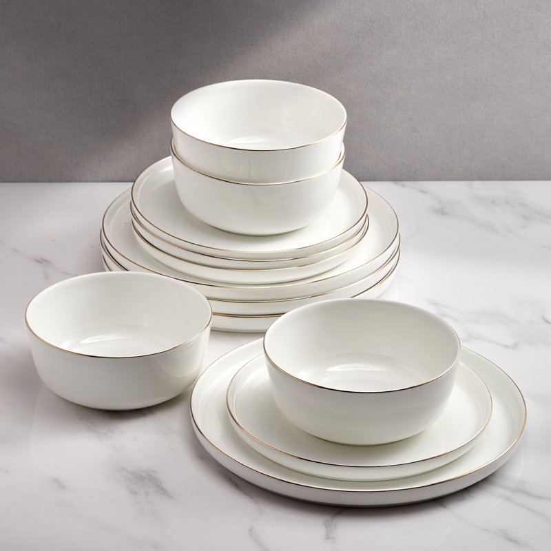 Elegant White Porcelain Dinnerware Set with Gold Accents, Service for 4