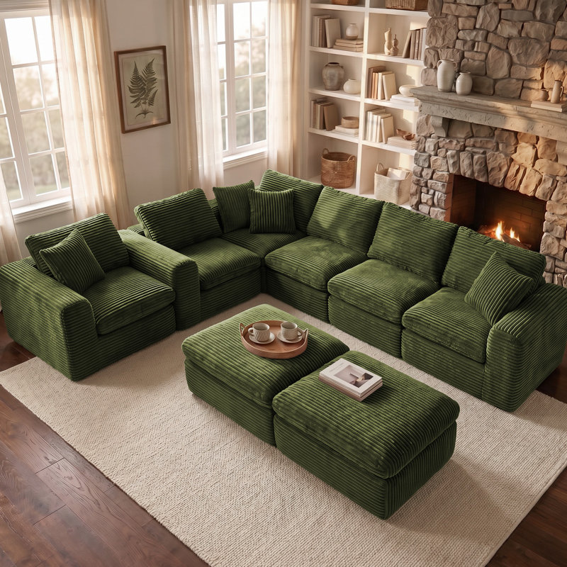 Boneless 138.2"W Modern 6-Seat Reversible Corduroy Cloud Corner Sectional Sofa, 8-Piece Modular Upholstered Sofa with Console & 2 Ottomans, Compression Packaged, No Assembly Needed
