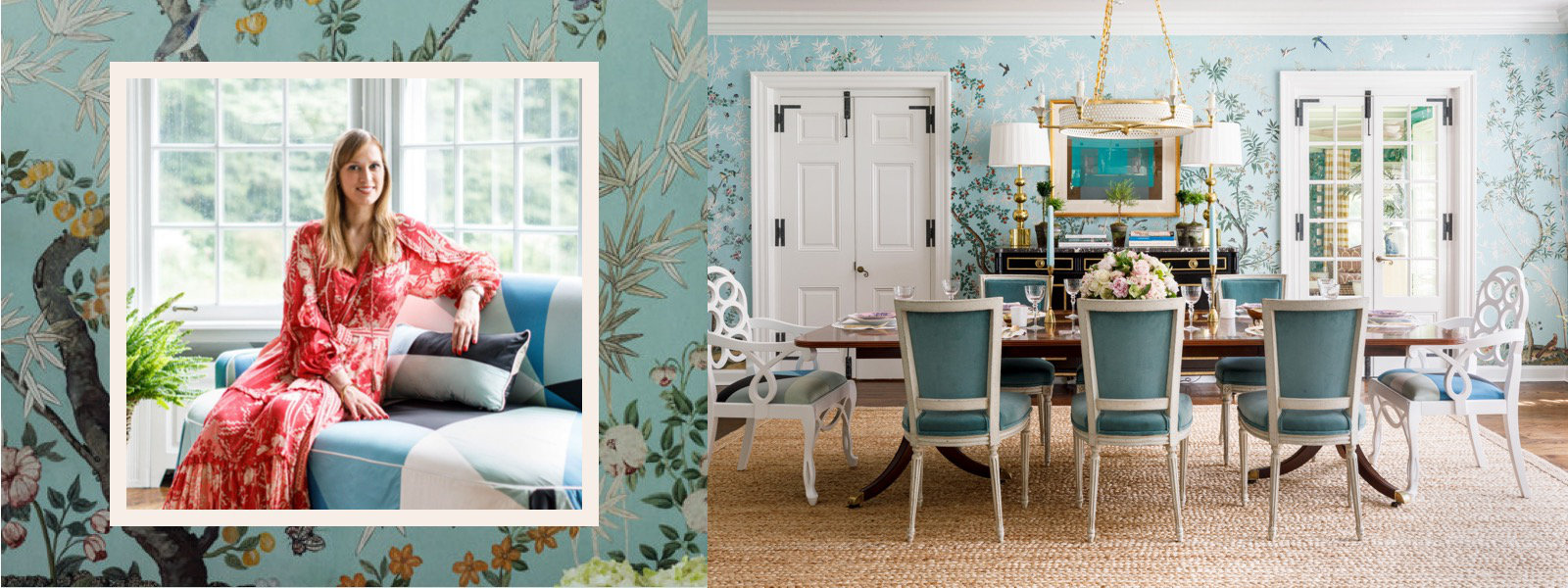 Headshot of designer Paloma Contreras and her project of a showhouse dining room.