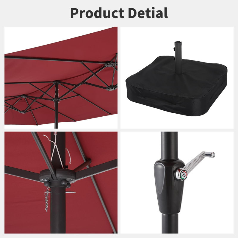 Parasol de patio rectangulaire de 15 pi avec parasol de marché avec base et manivelle avec protection contre les rayons UV pour l'extérieur, l'arrière-cour, la terrasse, le bord de la piscine et le vin rouge