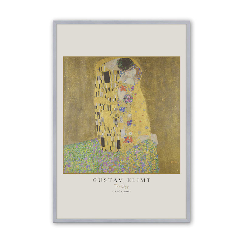 «The Kiss» par Gustav Klimt v3 , H 25,25 po x l 19,25 po x P 1,25 po, Reproduction encadrée sans passe-partout, Chrome poli