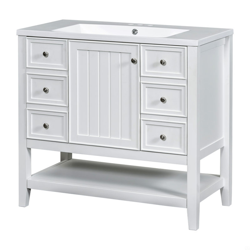Meuble-lavabo avec lavabo, une armoire et trois tiroirs Dancy, Blanc