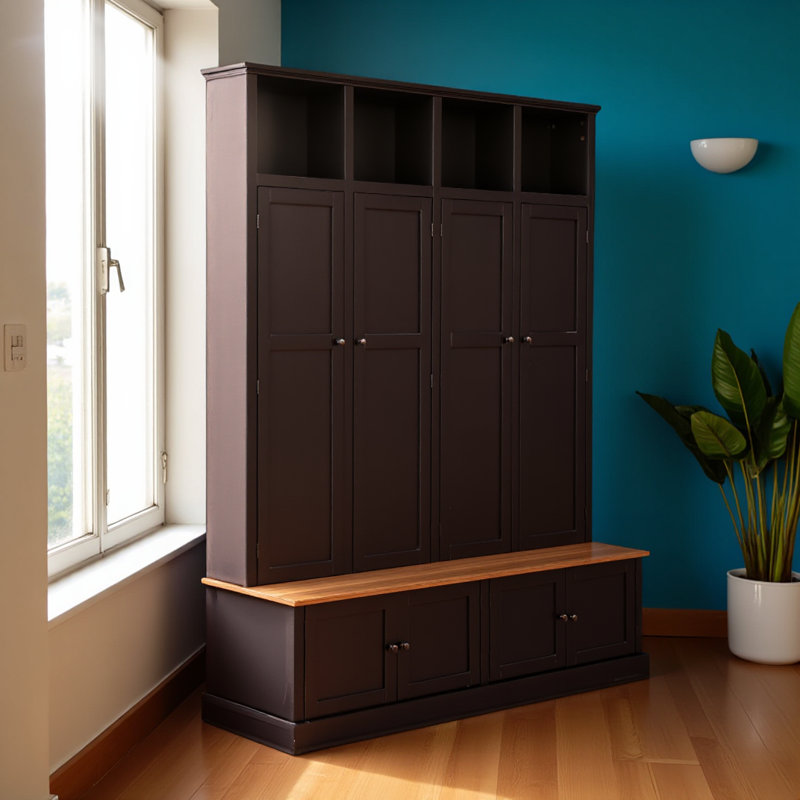 76.7''H Farmhouse Hall Tree with Bench and Cabinet, 4-in-1 Entryway Bench with Coat Rack, Modern Entryway Storage Organizer with Open Cubbies & Hooks for Hallway, Entryway, Living Room
