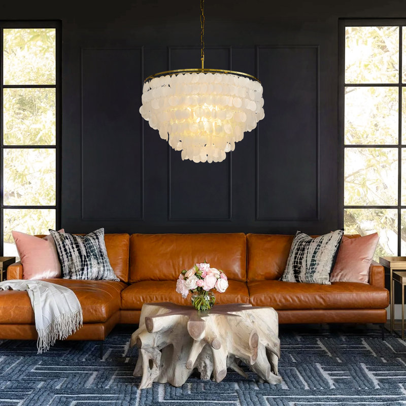 Addieville 6-Light Unique/Statement Coastal Natural Round Capiz Shell Chandelier in Antique Gold