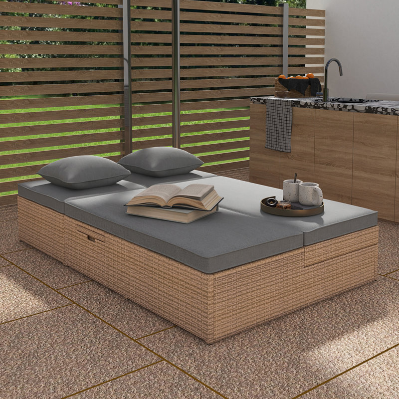 Outdoor Double Sunbed, Wicker Rattan Patio Reclining Chairs, Brown