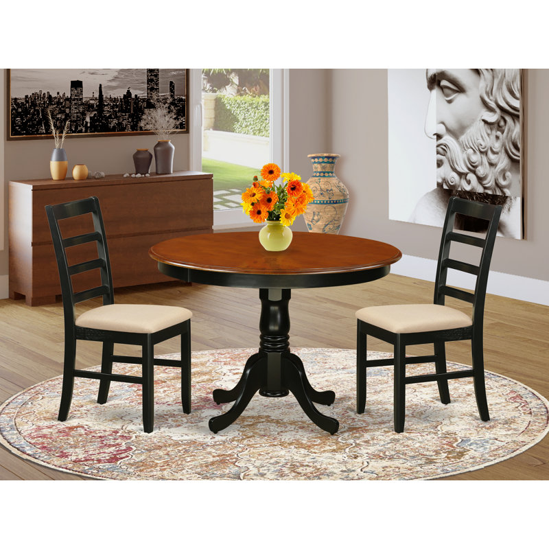 3 Piece Dining Table Set for Small Spaces Contains a Round Dining Table with Pedestal and 2 Wood Seat Chairs, Black & Cherry