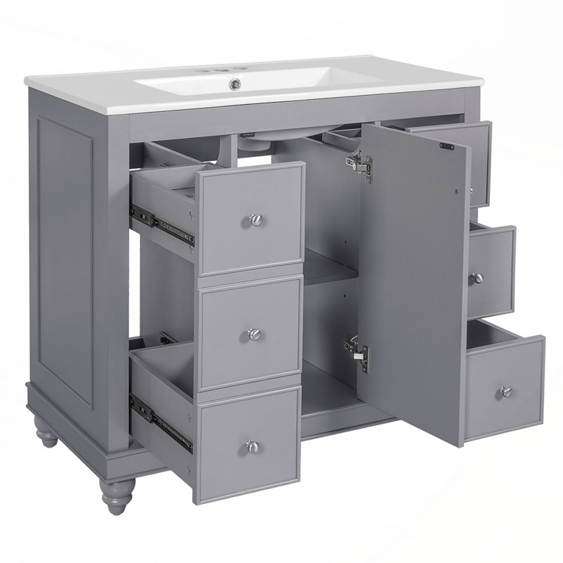 Meuble-lavabo avec lavabo en céramique durable et grand espace de rangement pour la salle de bain, Gris