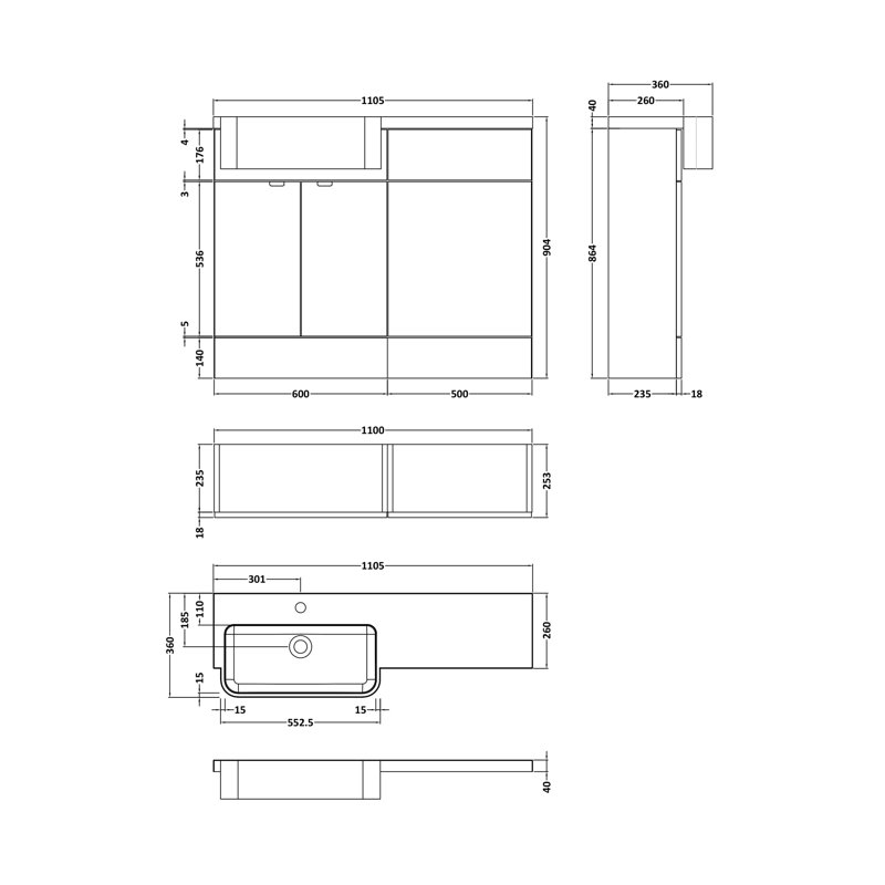 Fusion 1100mm Single Bathroom Vanity with Integrated Polymarble Basin, Anthracite Woodgrain
