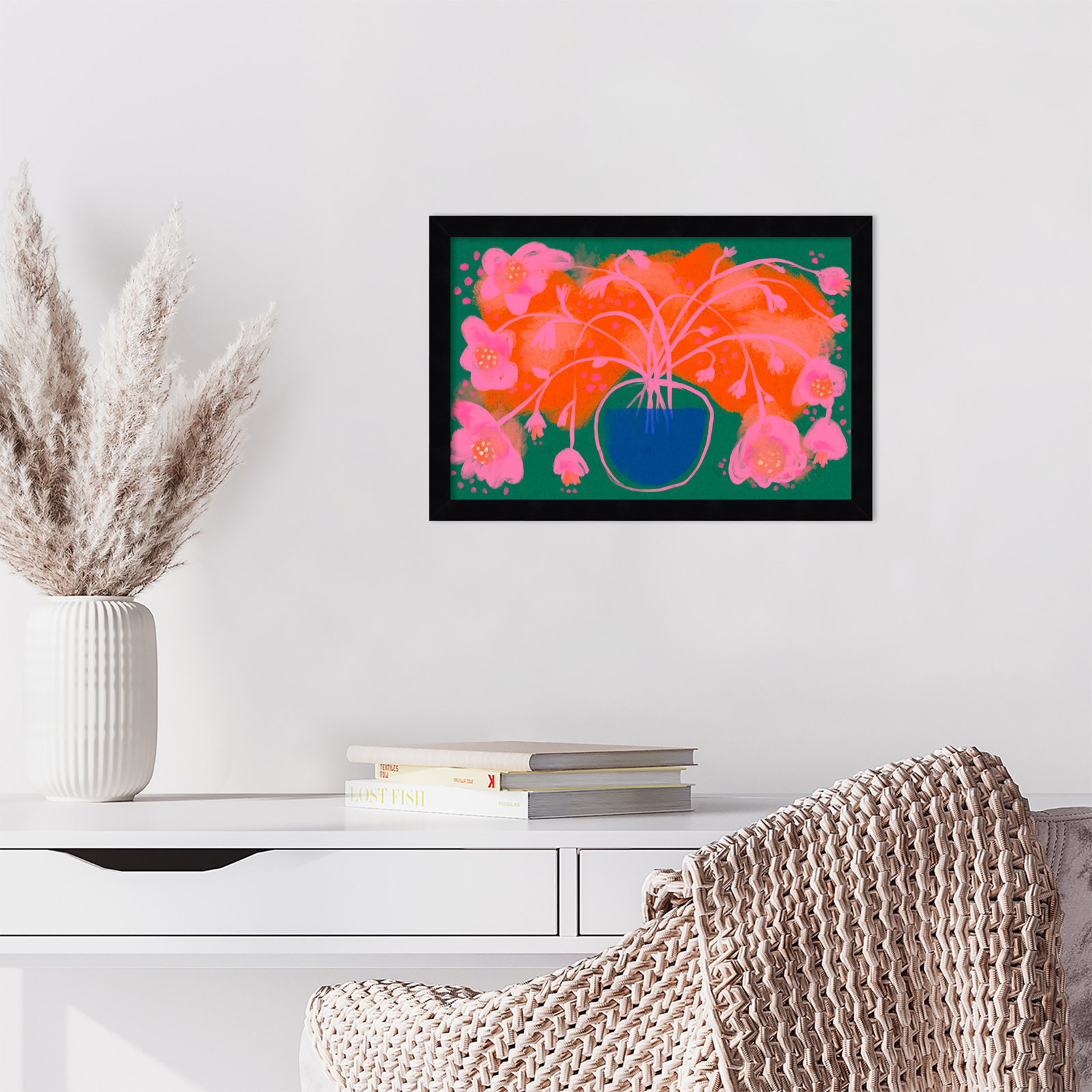 Galya "Pink Flower Bouquet" Print, Black, 12" H x 17" W