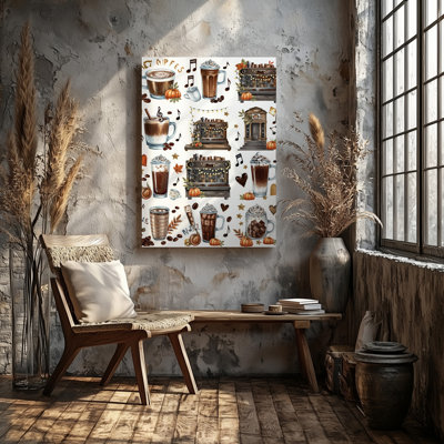 Toile «Cozy Coffee Shop» mettant en vedette un collage de diverses boissons murales, dont un cappuccino mousseux et une toile murale rafraîchissante