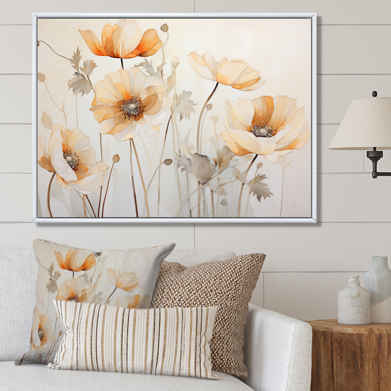 Beige Poppy Meadow Melody V, Cadre flottant blanc, 16" H x 32" W