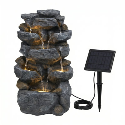 Solar 5-Tier Rock Water Fountain with LED Lights, Outdoor Garden Cascading Waterfall Decor