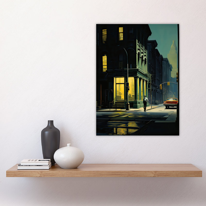Wall Art Print New York at Dawn Edward Hopper Style Oil Painting Green Man Walking in Empty City Street Poster