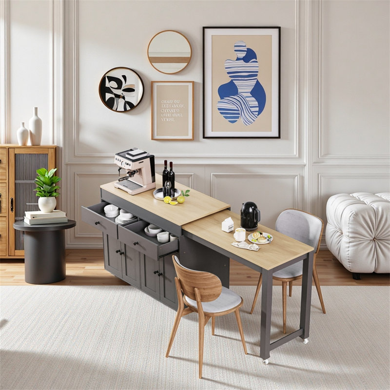 74.5-inch Kitchen Island With Extendable Dining Table, Gray