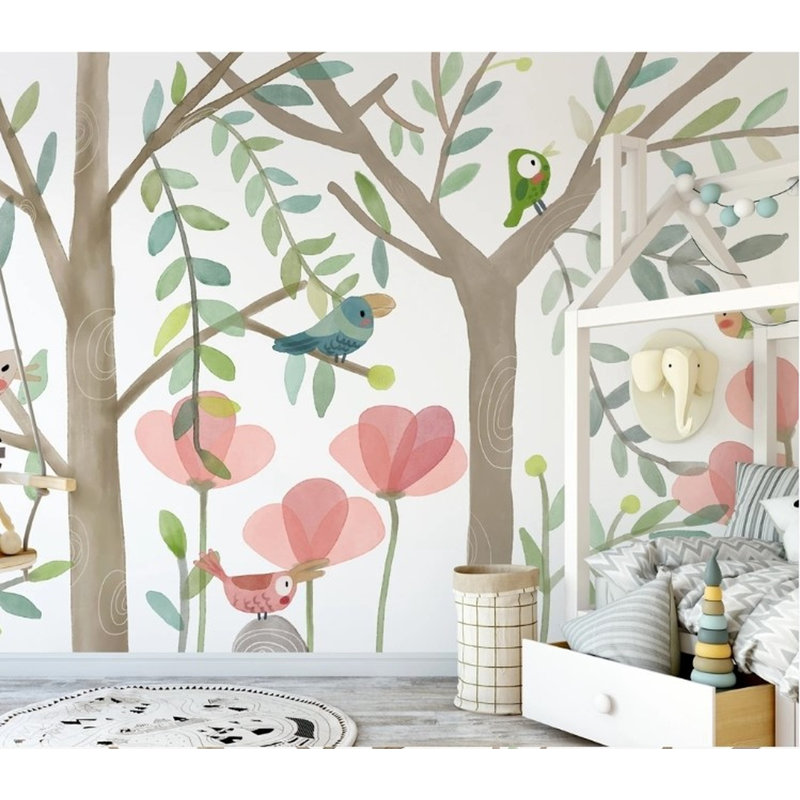 Papier peint amovible aquarelle oiseaux et arbres floraux, L 48,96 po x l 75 po