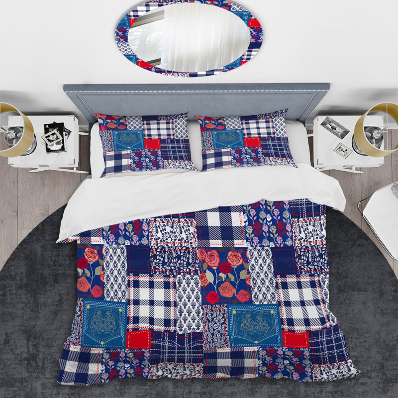Patchwork bleu et rouge - ensemble de housse de couette abstrait - microfibre de polyester