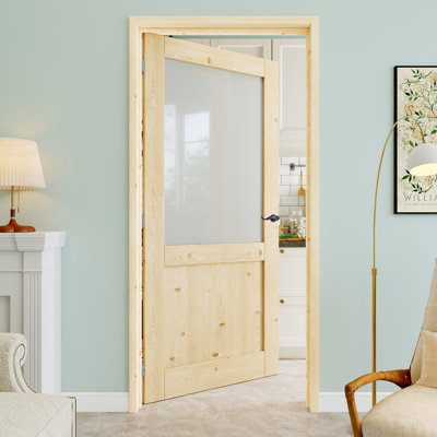 32" x 80" Half-Lite Pine Wood & Frosted Glass Interior Prehung Door with Curve Lever and Silver Hinges, Privacy Glass Door Slab, Paintable & Waterproof, Suit for Laundry, Closet Doors, Room Doors, Left Hand