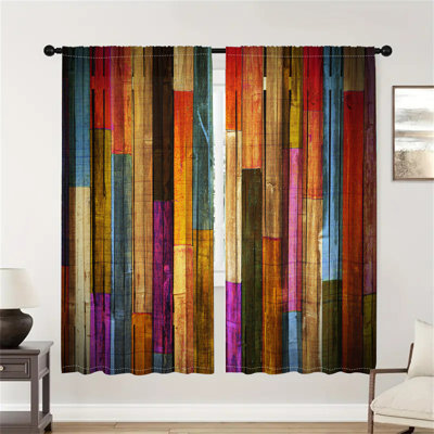 2Pcs,Colourful Plank Wooden Texture Printing Window Curtains & Drapes For Living room Bedroom Kitchen Office Guest room, Suitable for all Seasons,Soft Fibre Fabric,Light Filtering,Machine Washable.