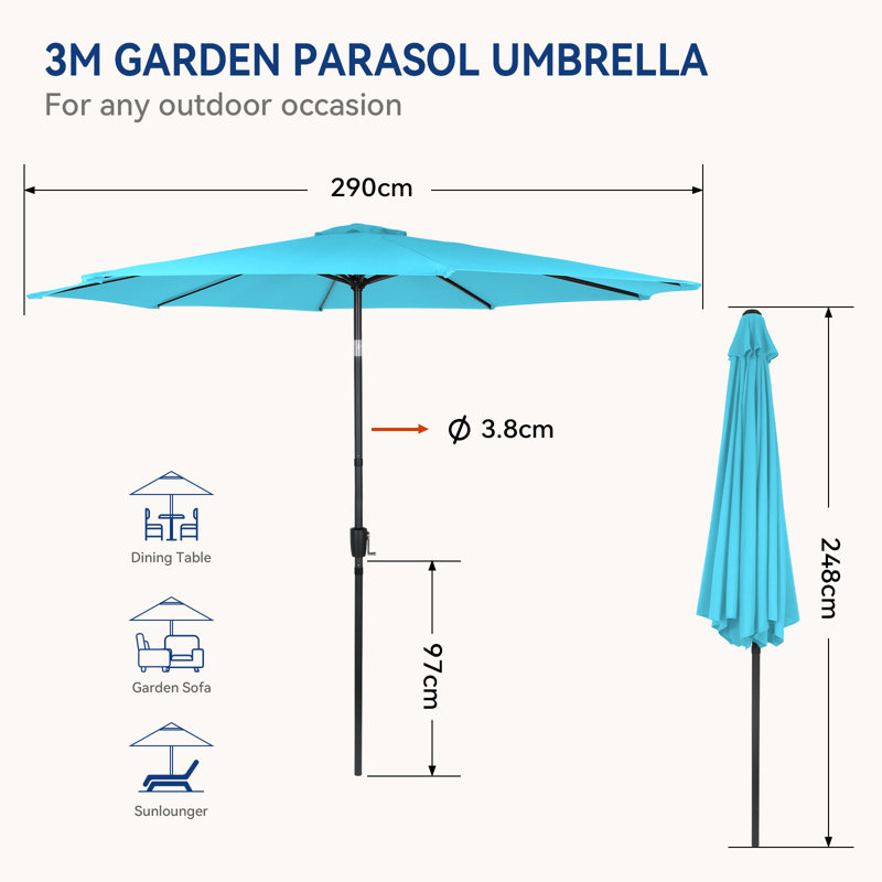 3m Large Paraso With UV, Garden Sun Shade Canopy Patio With Crank Tilt, Outdoor Umbrella  , Blue