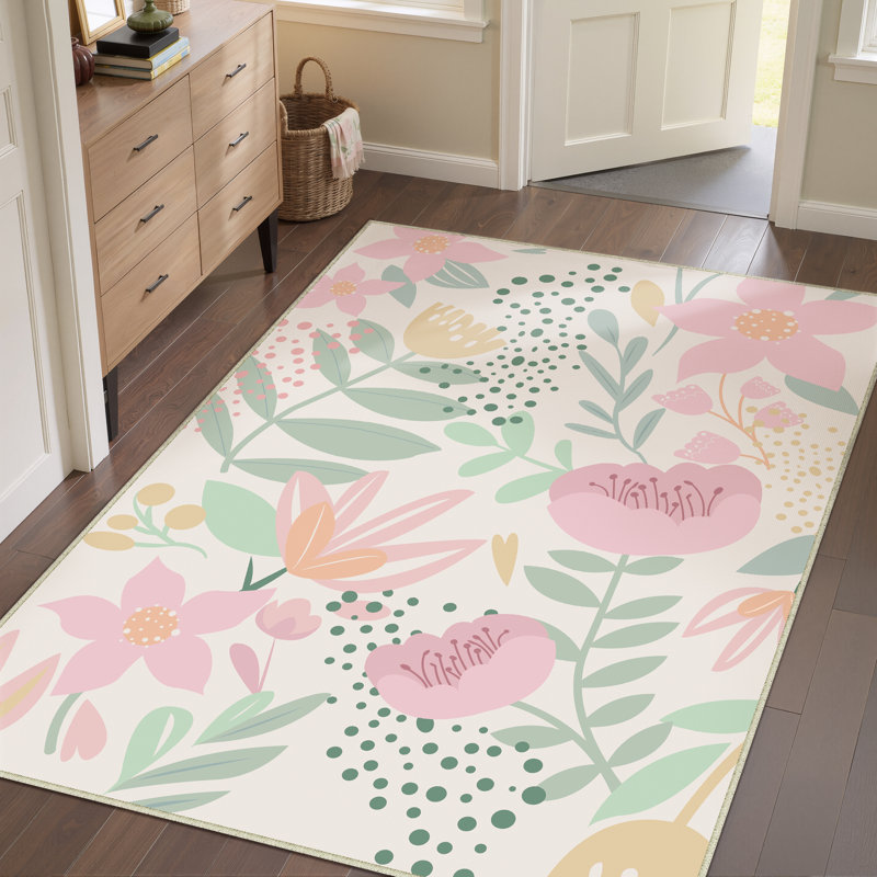  Cherry Machine Washable Floral Area Rug with Non-Slip Backing, Rectangle 5' x 7'
