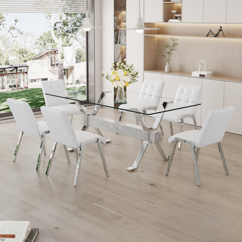 Ensemble de table de salle à manger, Argent/blanc, Blanc, 7