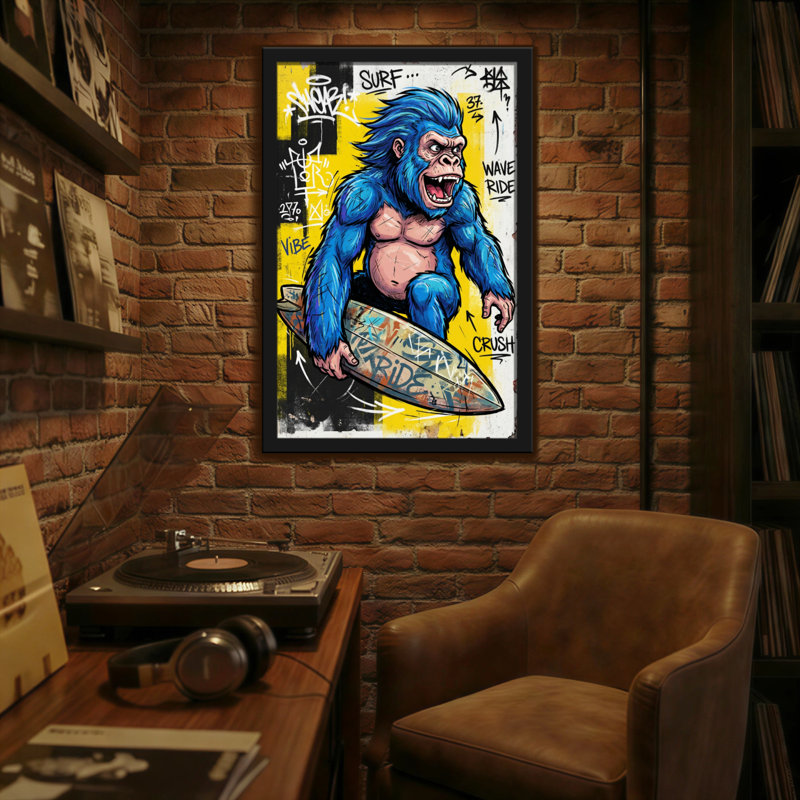 Animaux, singe bleu surfant sur une planche de graffiti, H 18 po x l 12 po